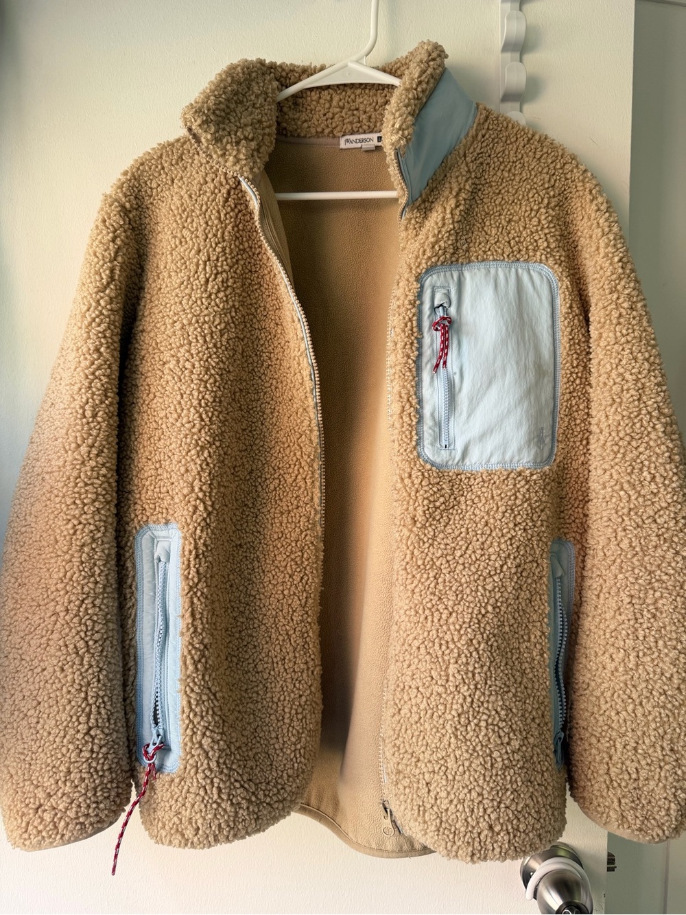 JW ANDERSON Tan Teddy Jacket with Light Blue Trim